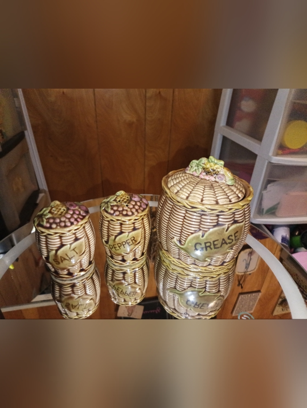 Vintage-Style Brown Ceramic Basketware Grease Canister with Pepper Shaker